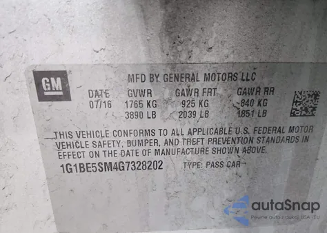 2016 Chevrolet Cruze Lt Auto from USA, damaged, VIN 1G1BE5SM4G7328202